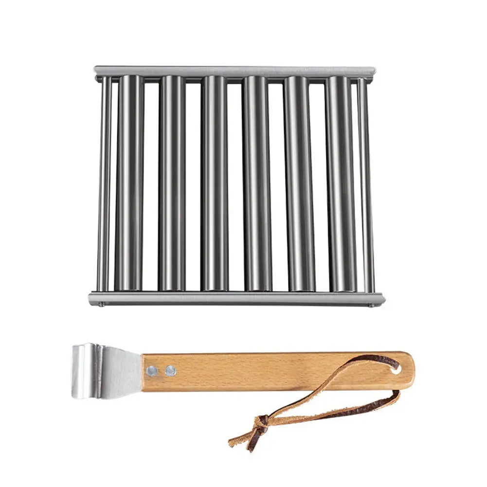 Hot Dog Roller Sausage Roller Rack Stainless Steel Hot Dog Grill Roller with Wooden Handle BBQ Hotdog Roller Grill Accessories NNOS