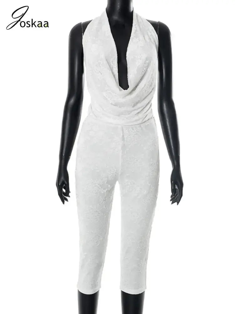 Joskaa 2025 Summer Lace Swing Collar Capri Pants Jumpsuits Women Sexy Halter Backless Bandage Skinny Rompers Midnight Clubwear NNOS