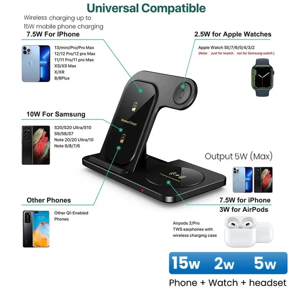 3 in 1 Wireless Charger Stand Pad For iPhone 15 14 13 12 X Max Foldable Fast Charging Station Dock For IWatch 8 7 SE AirPods Pro NNOS