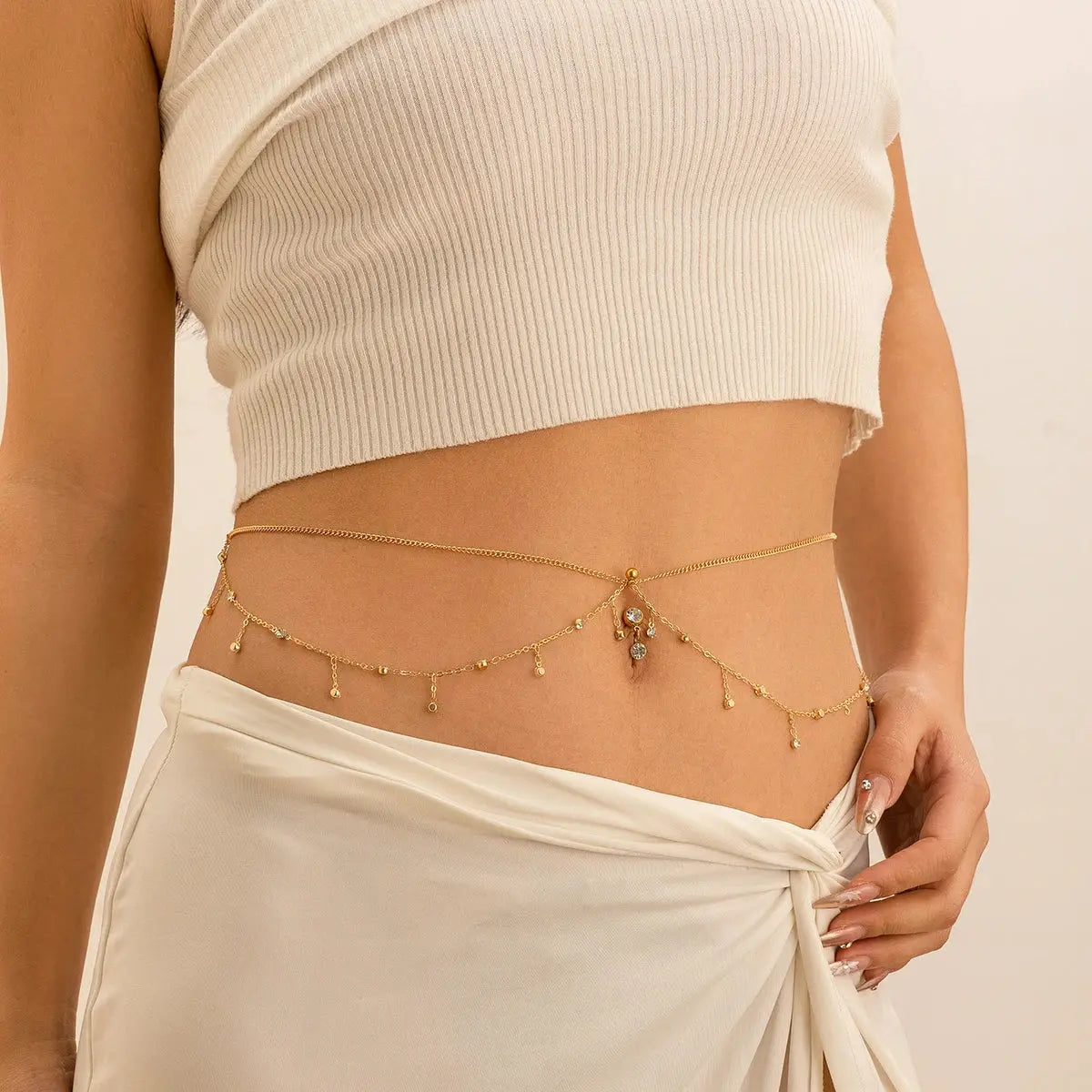 IngeSight.Z Simple Gold Color Stainless Steel Waist Chain for Women Classic Zircon Pendant Sexy Double Layer Body Chain Jewelry NNOS