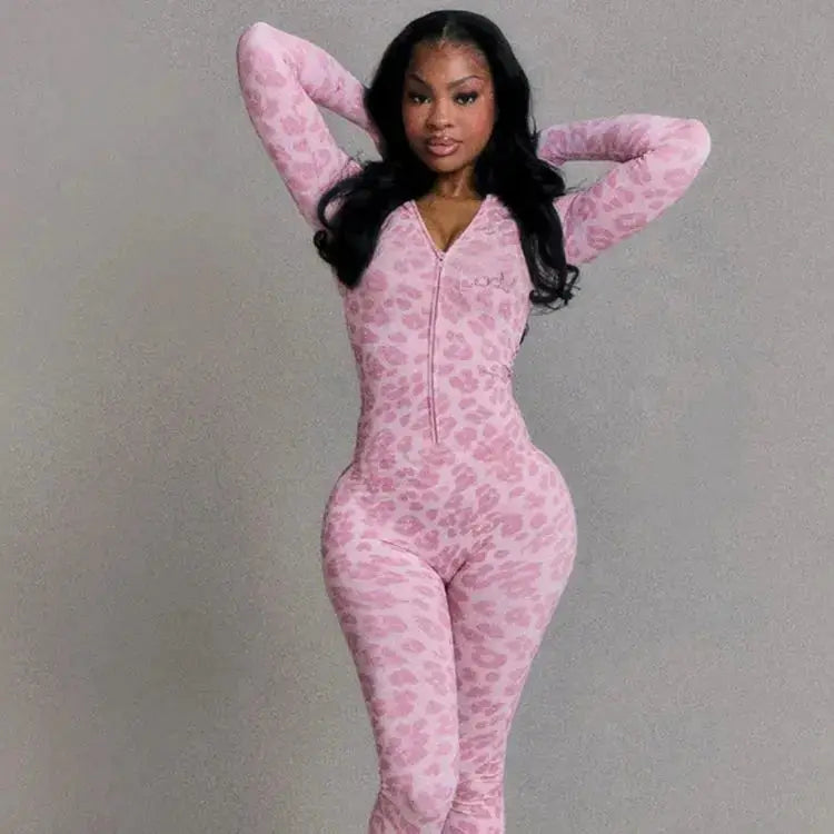 Women's Sexy Fashion Leopard Print Jumpsuit with Zip Cardigan Design Full Sleeve Slim Fit High Waist Ankle-Length Overalls NNOS