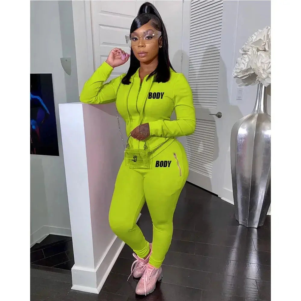 Women's Spring Winter 2 Piece Set Zipper Fly Hoodie And Pants Outfit High Stretch Polyester Spandex Body Letter Tracksuit Sweatsuit NNOS