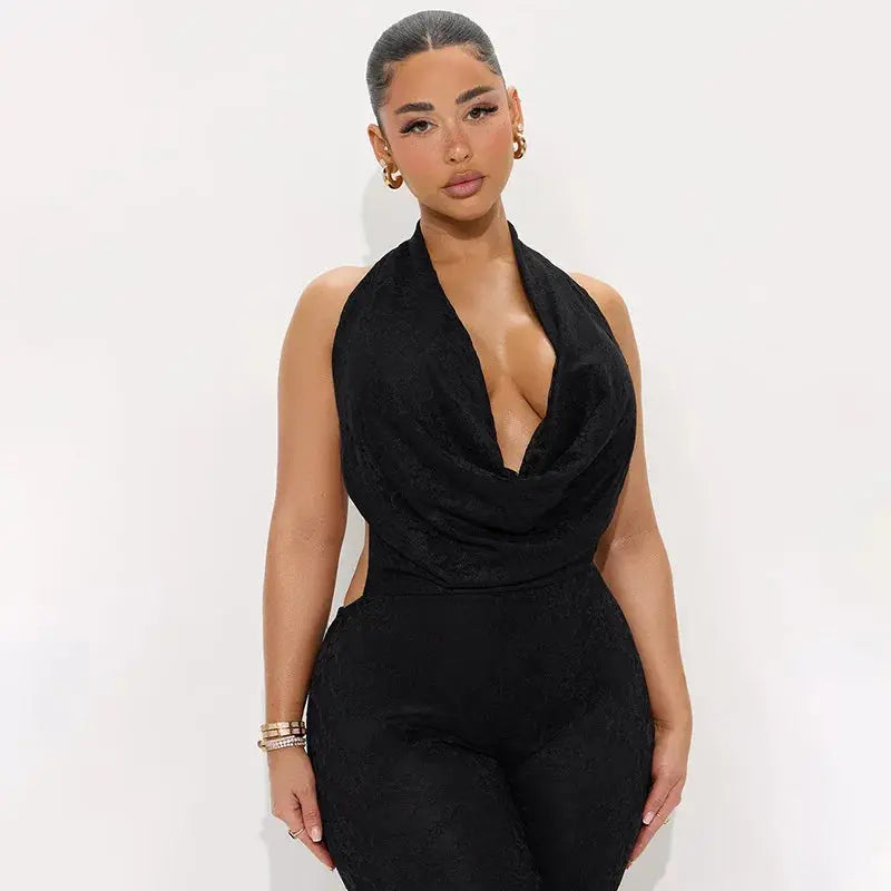 Joskaa 2025 Summer Lace Swing Collar Capri Pants Jumpsuits Women Sexy Halter Backless Bandage Skinny Rompers Midnight Clubwear NNOS