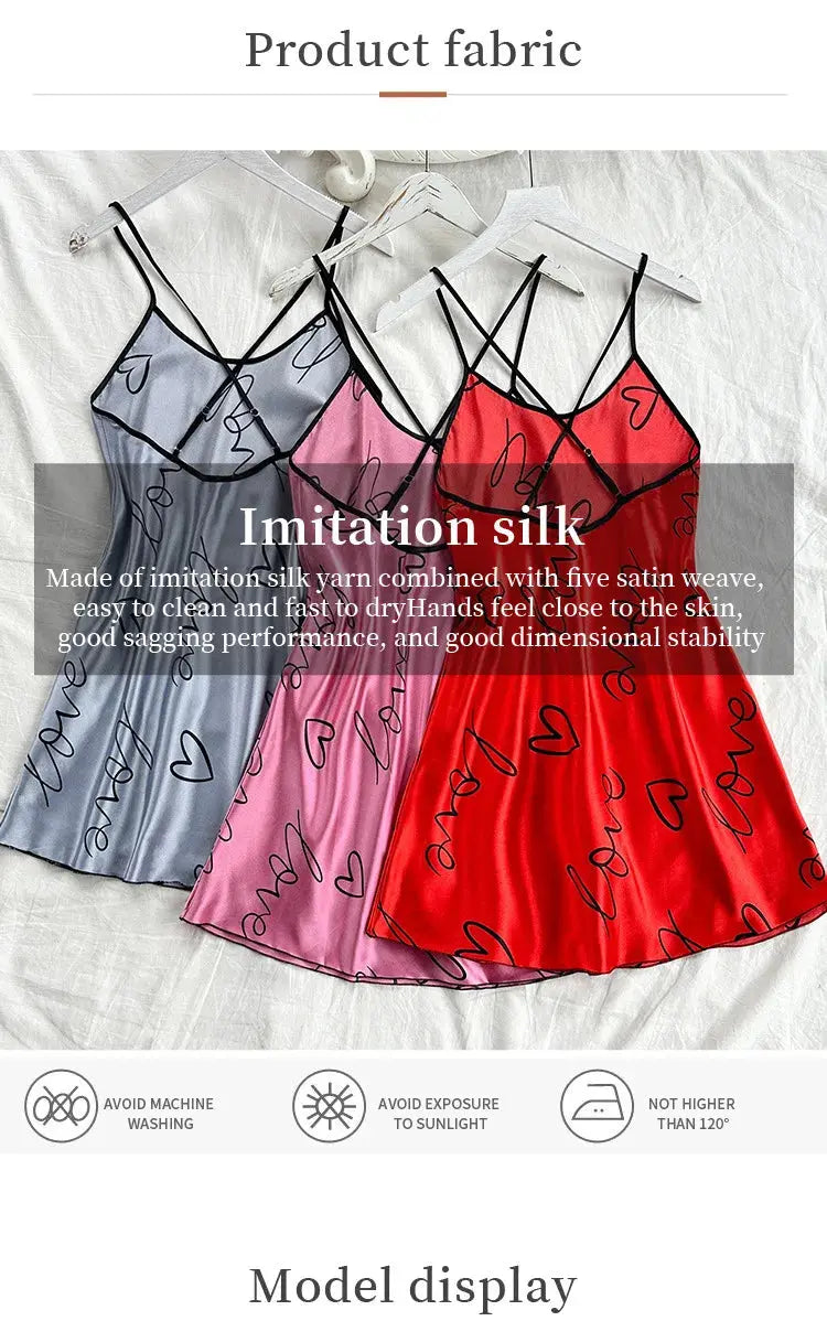 Heart Letter Print Nightdress Casual Round Neck Spaghetti Strap Sleep Dress Women's Sleepwear Dresses NNOS