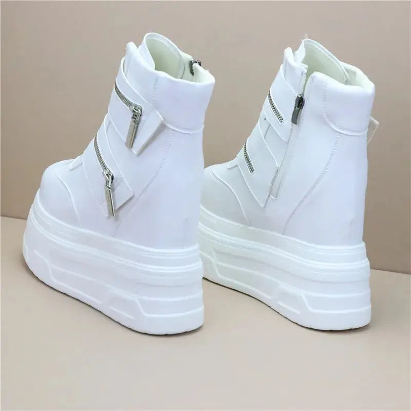 15cm Spring Autumn Women High Top Sneakers Breathable Thick Sole Chunky Sneakers Ankle Boots Platform Booties Wedge Boots White NNOS