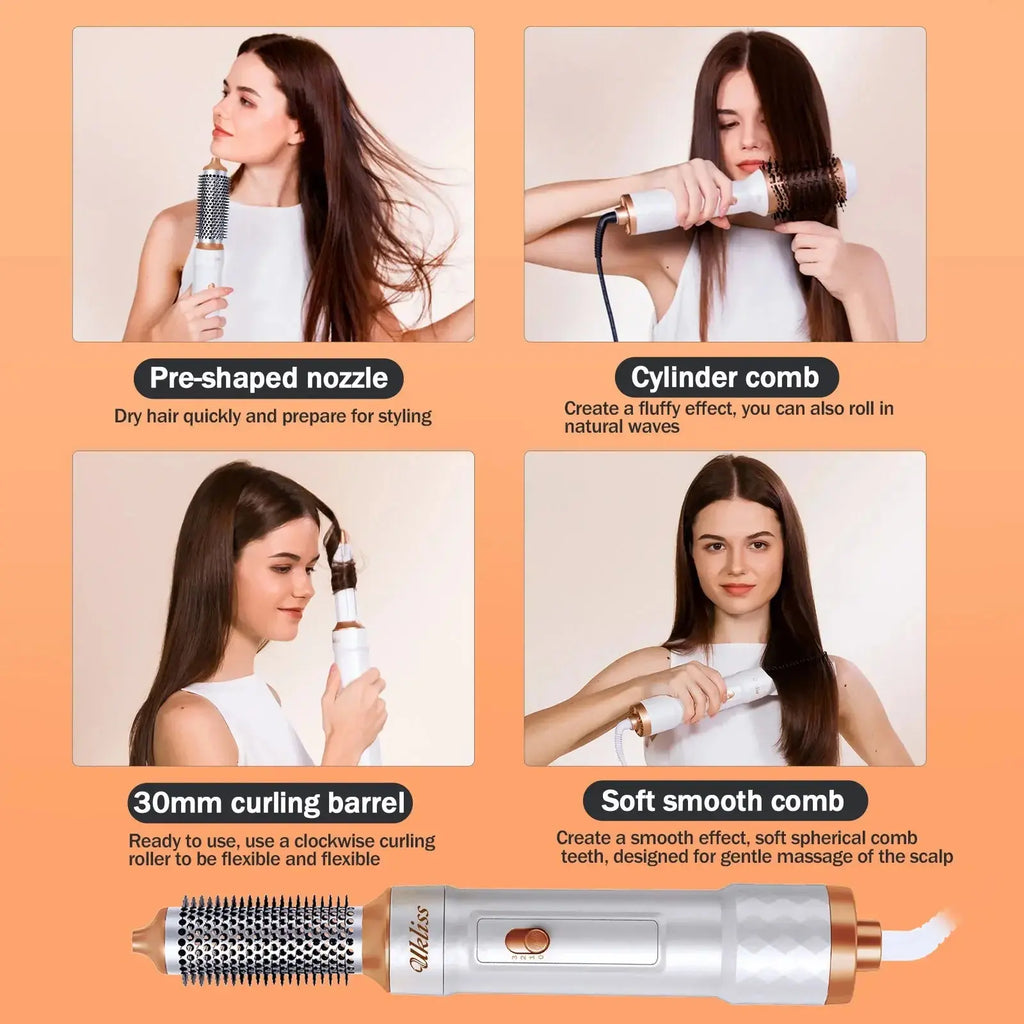 Ukliss 6 In 1 Electric Hair Dryer Brush White gold Blow Dryer Comb Hair Curling Wand Detachable Brush Kit Negative Ion Curler NNOS