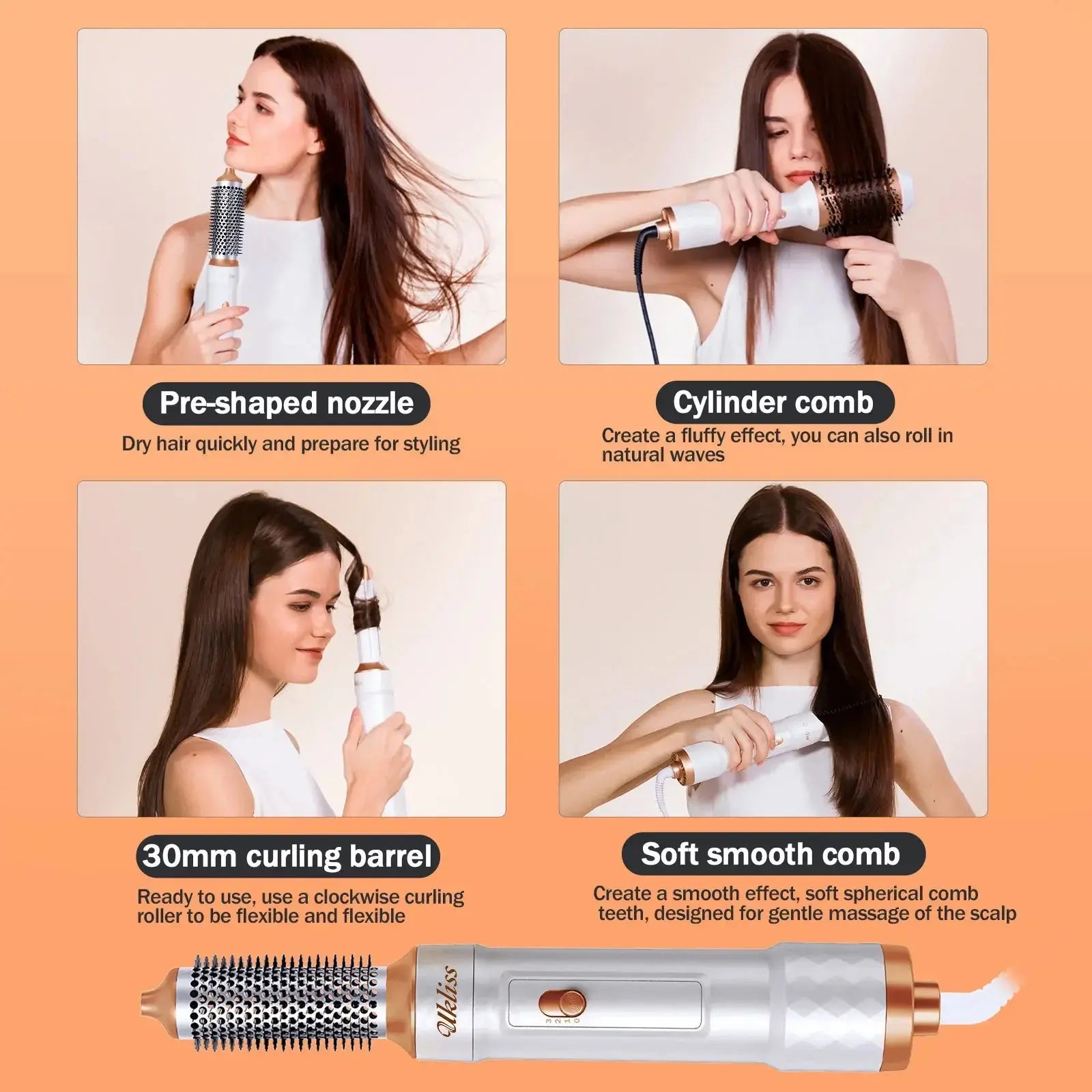 Ukliss 6 In 1 Electric Hair Dryer Brush White gold Blow Dryer Comb Hair Curling Wand Detachable Brush Kit Negative Ion Curler NNOS