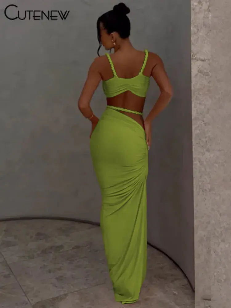 CuteNew Women’s 2-Piece Set – Pleated Crop Cami & Shirred High-Waist Maxi Skirt NNOS