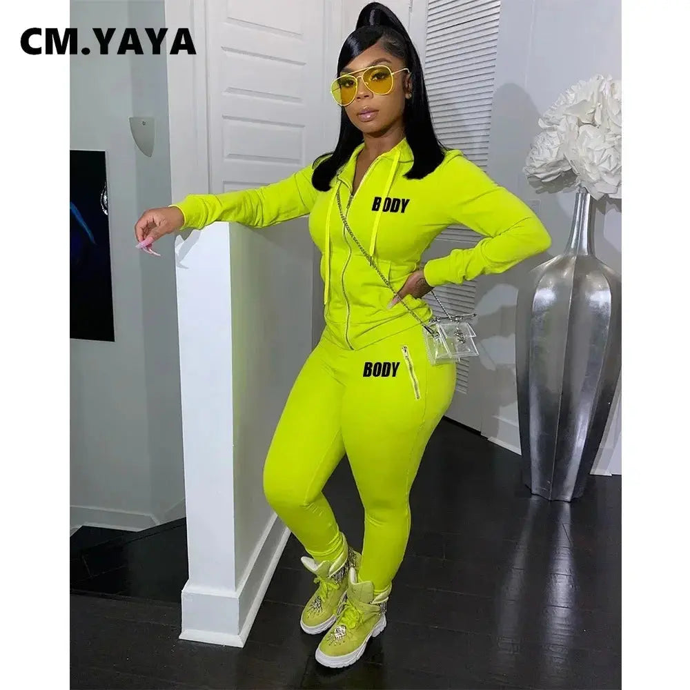 Women's Spring Winter 2 Piece Set Zipper Fly Hoodie And Pants Outfit High Stretch Polyester Spandex Body Letter Tracksuit Sweatsuit NNOS