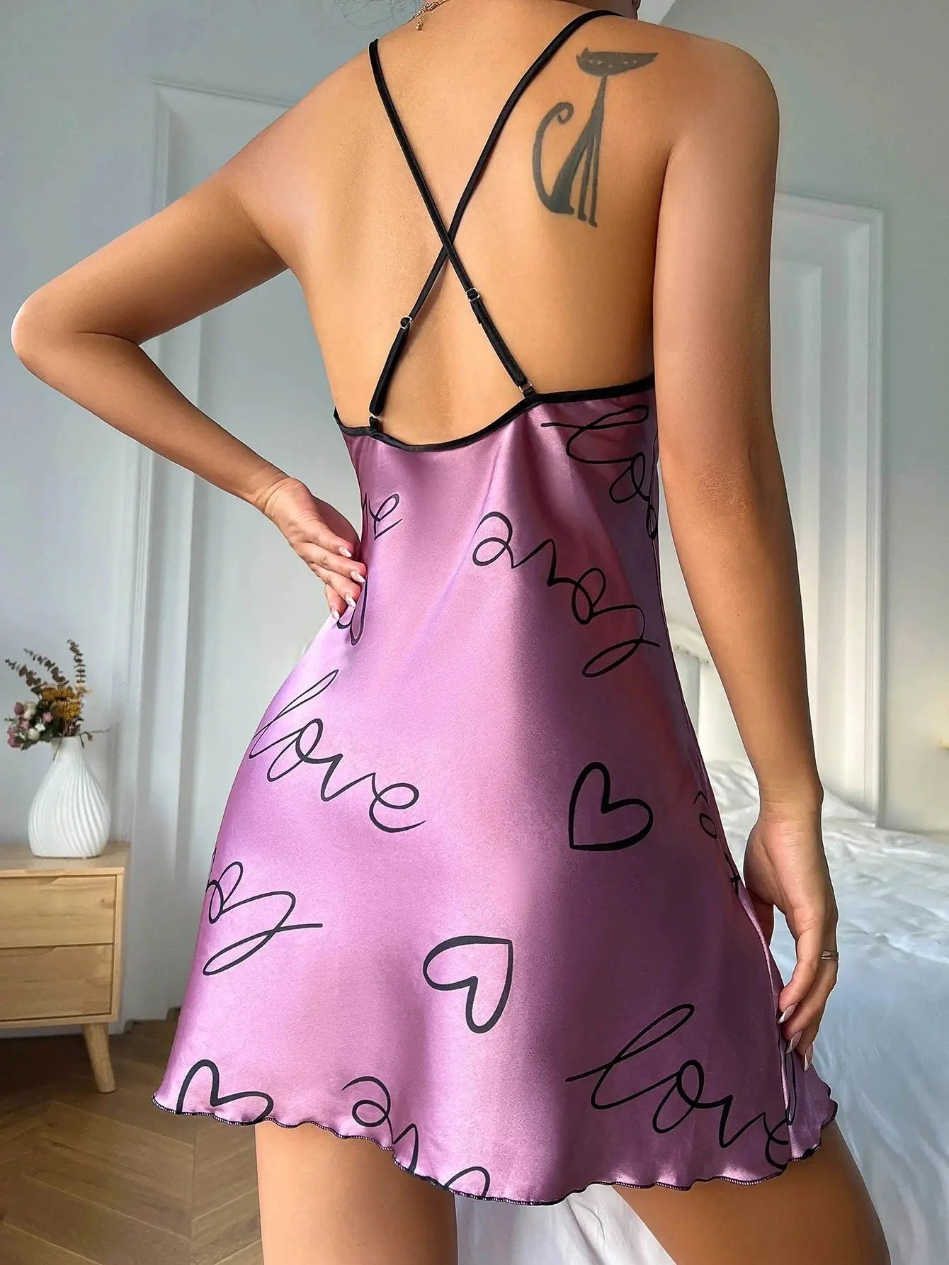 Heart Letter Print Nightdress Casual Round Neck Spaghetti Strap Sleep Dress Women's Sleepwear Dresses NNOS