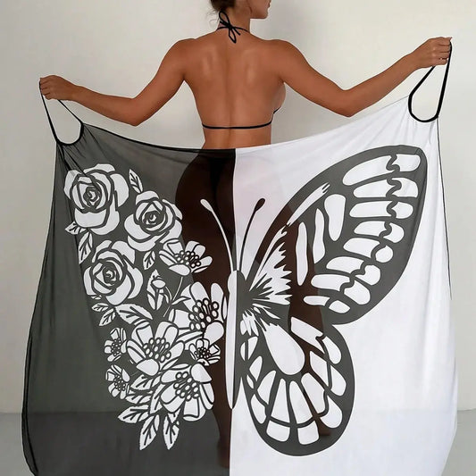 Sexy Butterfly Print Cover Up Swimwear Women Dress Summer Tunic Bikini Bath Sarong Wrap Skirt Swimsuit Elegant Lady Beachwear NNOS