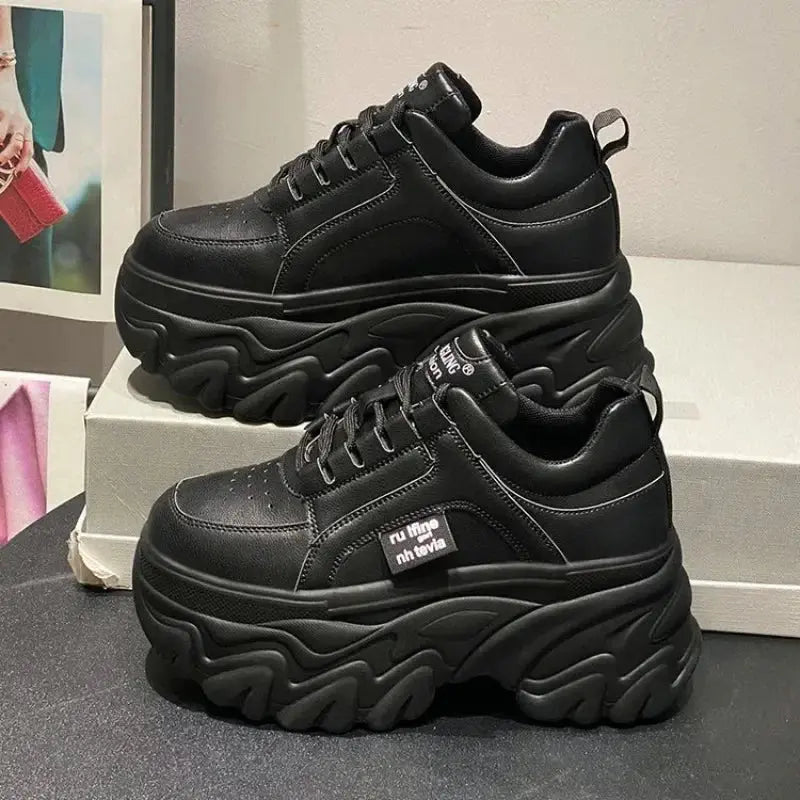 Trendy Women's Chunky Sneakers - Stylish White & Black Thick Bottom Dad Shoes for Autumn/Winter - High-Quality PU Leather Platform Footwear