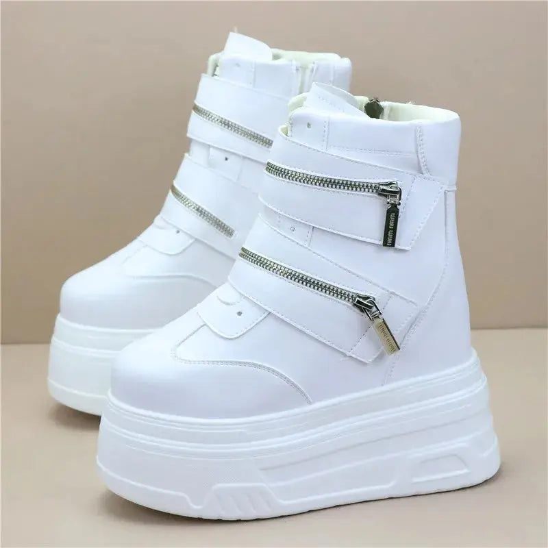 15cm Spring Autumn Women High Top Sneakers Breathable Thick Sole Chunky Sneakers Ankle Boots Platform Booties Wedge Boots White NNOS
