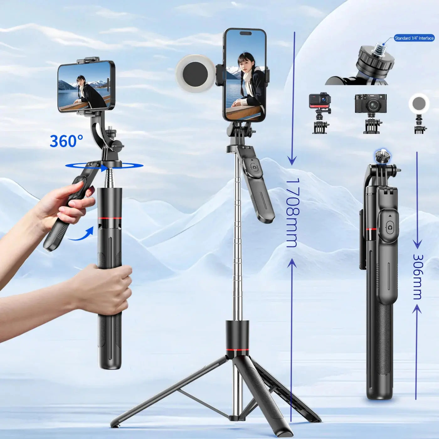 BSLIUFANG 2025 new 1.7M 360° rotation selfie stick tripod foldable stand with Wireless Bluetooth remote control for phone camera NNOS