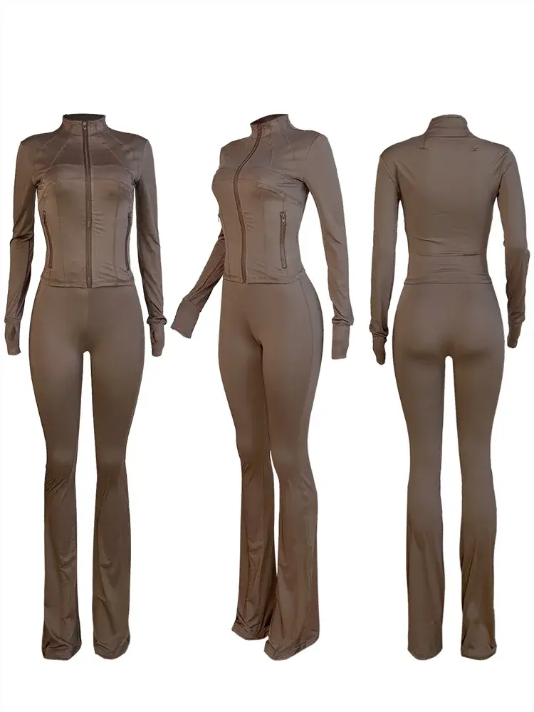 Autumn And Winter New Long Sleeves Zipper Crop top Suits Tracksuits Women's Suits Fashion Pants Female Soild 2 Piece Sets 2024 NNOS