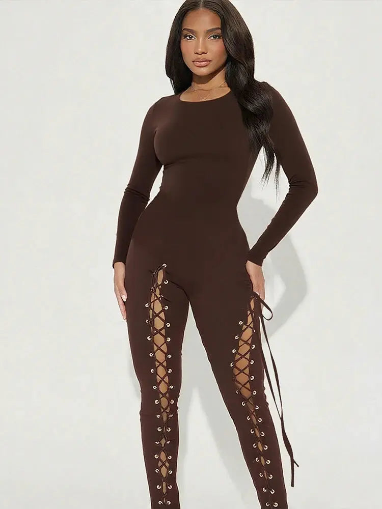 Sexy Fall Jumpsuits for Women DIY Shirring O-Neck Full Sleeve Stretch Polyester Slim Fit Ankle-Length Party Clubwear NNOS