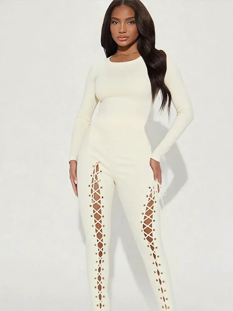 Sexy Fall Jumpsuits for Women DIY Shirring O-Neck Full Sleeve Stretch Polyester Slim Fit Ankle-Length Party Clubwear NNOS