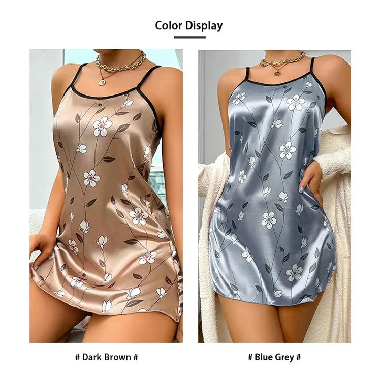 Women's Sleepdress Satin Floral Print Nightdress Comfortable Spaghetti Strap Sleepwear Dress Luxurious Satin Slip Nightdress NNOS
