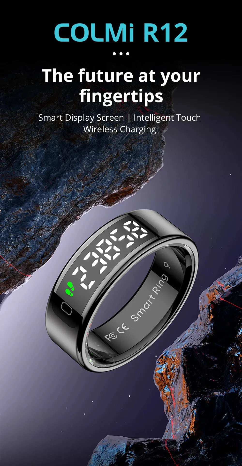 2025 COLMI R12 Smart Ring with Display Screen and Touch, Wireless Charging, Health Manager, 5 ATM Waterproof For Men Women NNOS