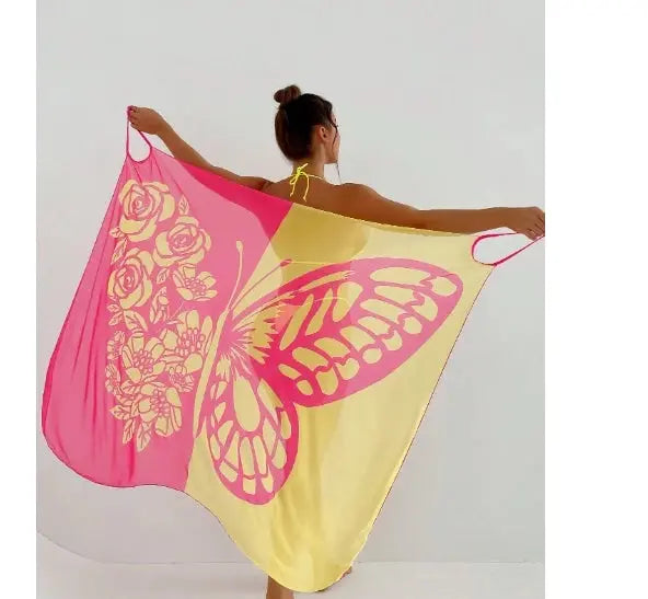 Sexy Butterfly Print Cover Up Swimwear Women Dress Summer Tunic Bikini Bath Sarong Wrap Skirt Swimsuit Elegant Lady Beachwear NNOS