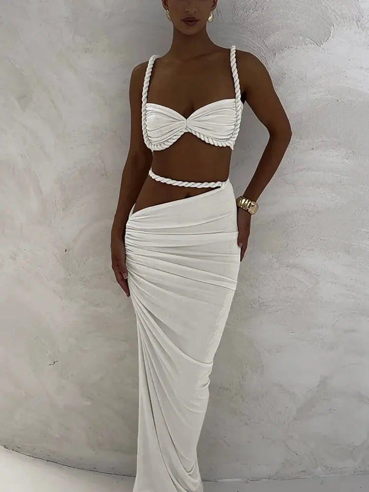 CuteNew Women’s 2-Piece Set – Pleated Crop Cami & Shirred High-Waist Maxi Skirt NNOS