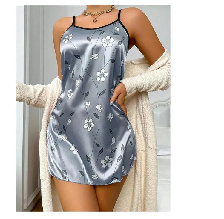Women's Sleepdress Satin Floral Print Nightdress Comfortable Spaghetti Strap Sleepwear Dress Luxurious Satin Slip Nightdress NNOS