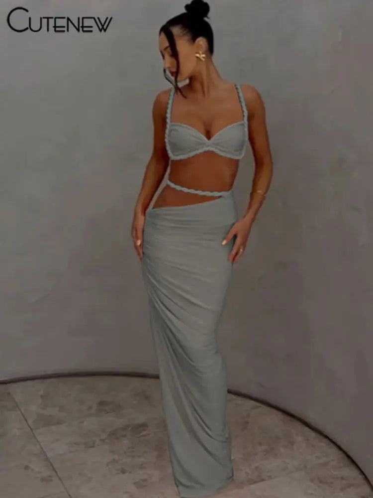 CuteNew Women’s 2-Piece Set – Pleated Crop Cami & Shirred High-Waist Maxi Skirt NNOS