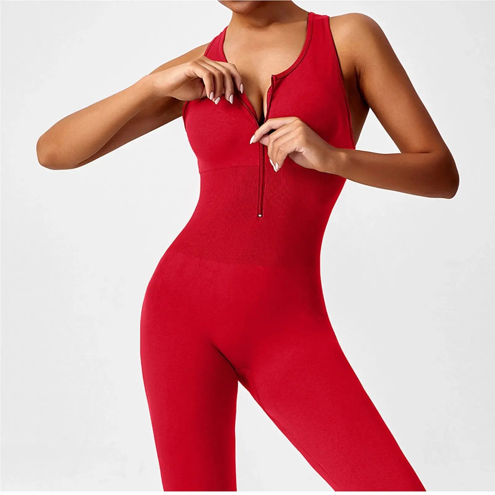 Ladies' Solid Color round Neck Sleeveless Yoga Jumpsuit Breathable Front Zipper Soft Comfy Fitness Calf-Length Sporty Summer NNOS