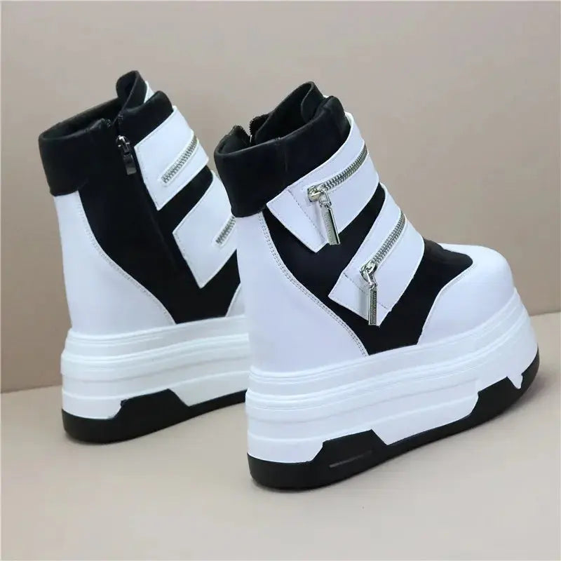 15cm Spring Autumn Women High Top Sneakers Breathable Thick Sole Chunky Sneakers Ankle Boots Platform Booties Wedge Boots White NNOS