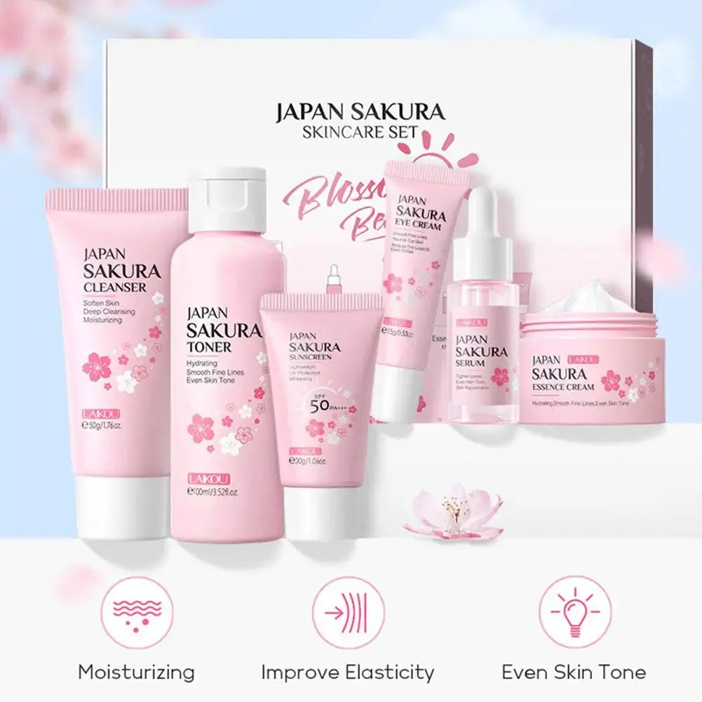 6Pcs Sakura Skin Care Set – Face Cream, Serum, Toner & Cleanser Gift Box NNOS