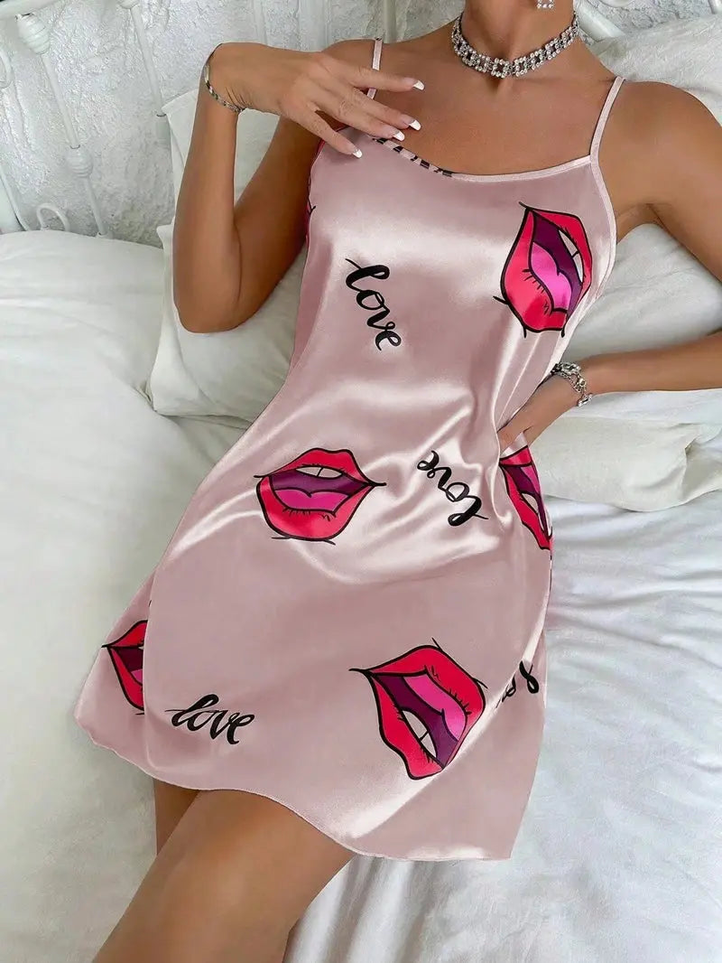Women's Sleepdress Satin Floral Print Nightdress Comfortable Spaghetti Strap Sleepwear Dress Luxurious Satin Slip Nightdress NNOS