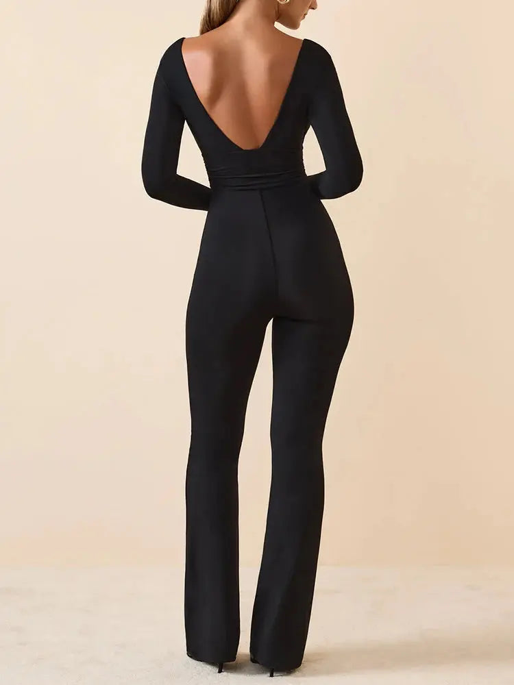 Black Pleated Big Flare Jumpsuit V Neck Long Sleeve Slim Fit Backless Pants for Women Sexy Casual Full-Length Polyester Trousers NNOS