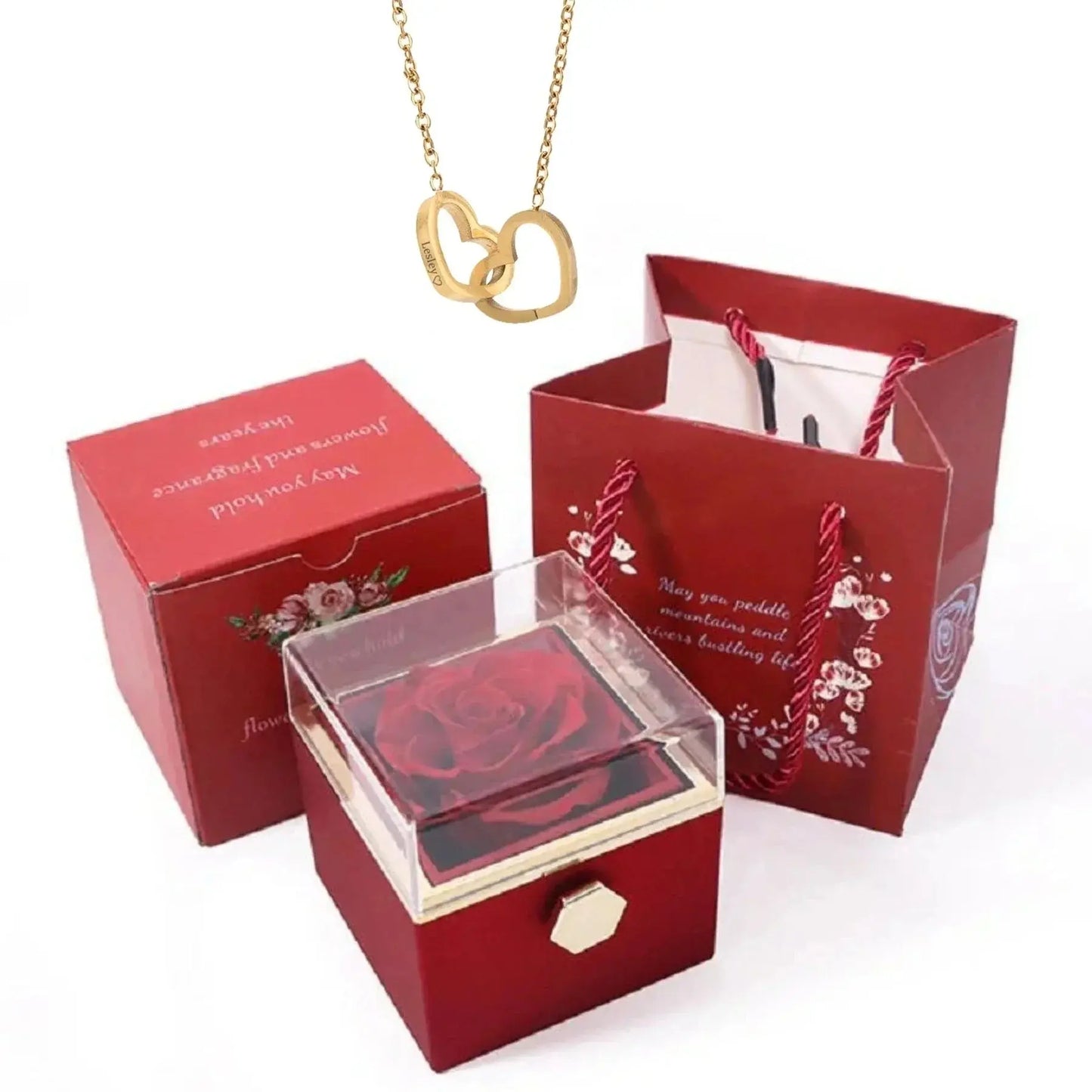 PolishedPlus Custom Names Heart Necklace Rotating Rose Box Pendant Chain Personalized Jewelry NNOS