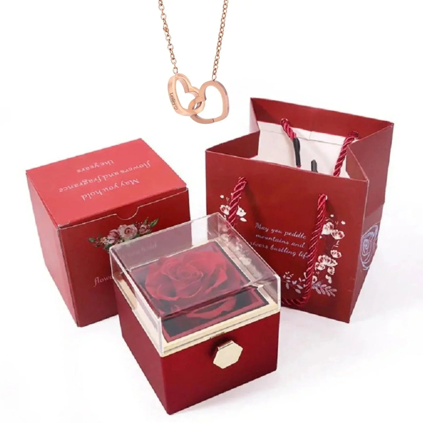 PolishedPlus Custom Names Heart Necklace Rotating Rose Box Pendant Chain Personalized Jewelry NNOS