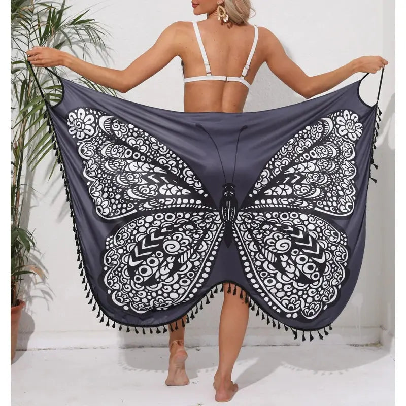 Women Bikini Sexy Butterfly Print Cover Up Swimwear Women Dress Summer Tunic Bath Sarong Wrap Skirt Swimsuit Elegant Beachwear NNOS