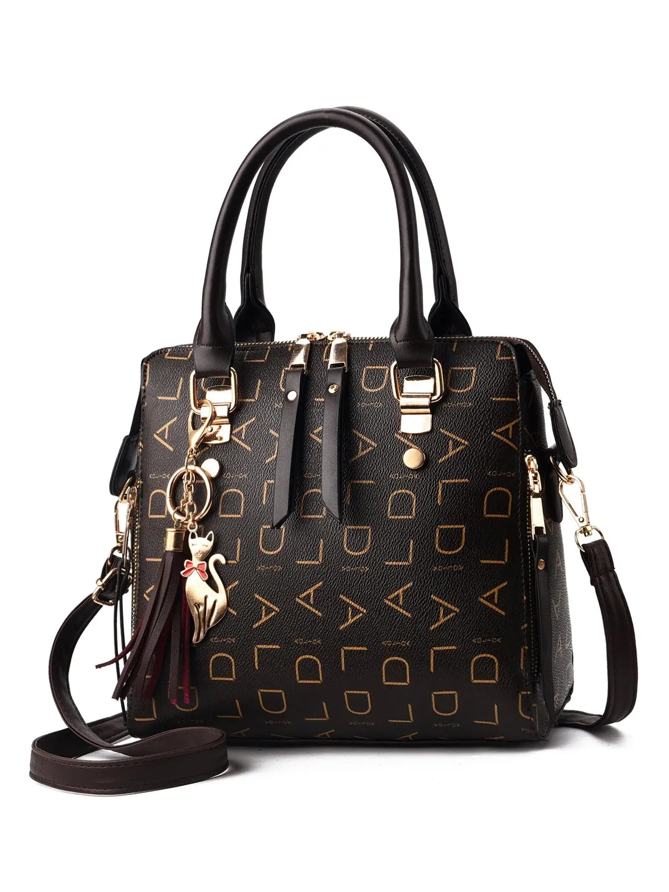Elegant PU Leather Women’s Handbag – Designer Style with English Letter Emboss, Tassel Accent & Large Shoulder Carry NNOS