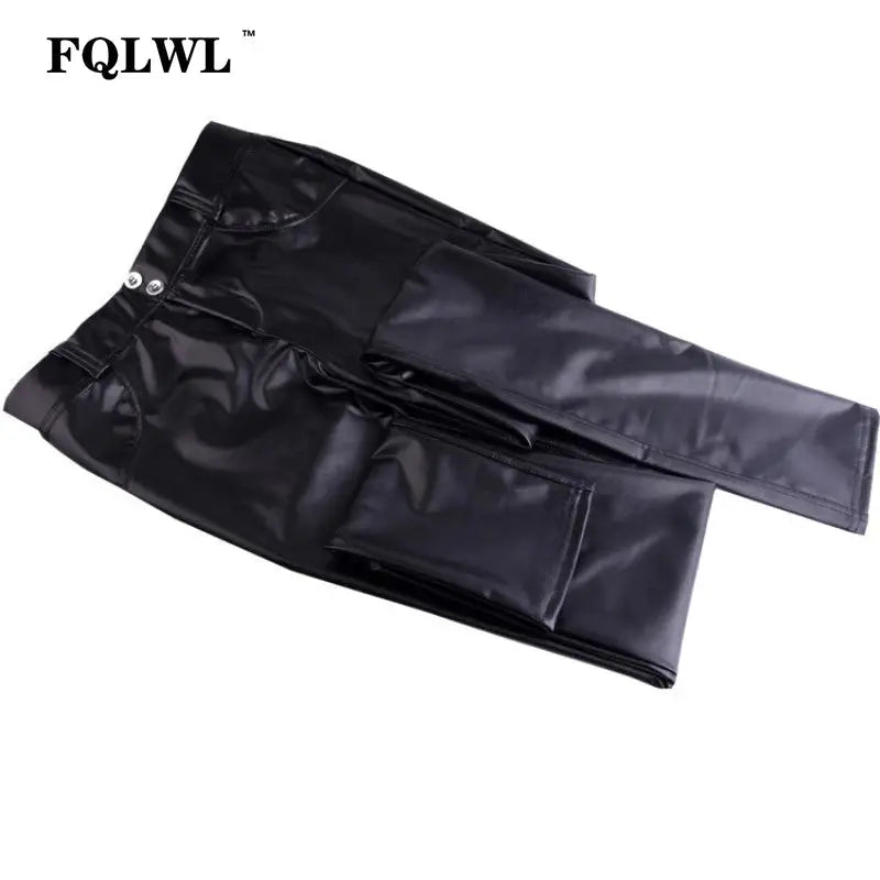 FQLWL Women's High-Waisted Faux Leather Leggings – Sexy Bodycon Black PU Pants for Casual, Winter, or Summer Wear NNOS