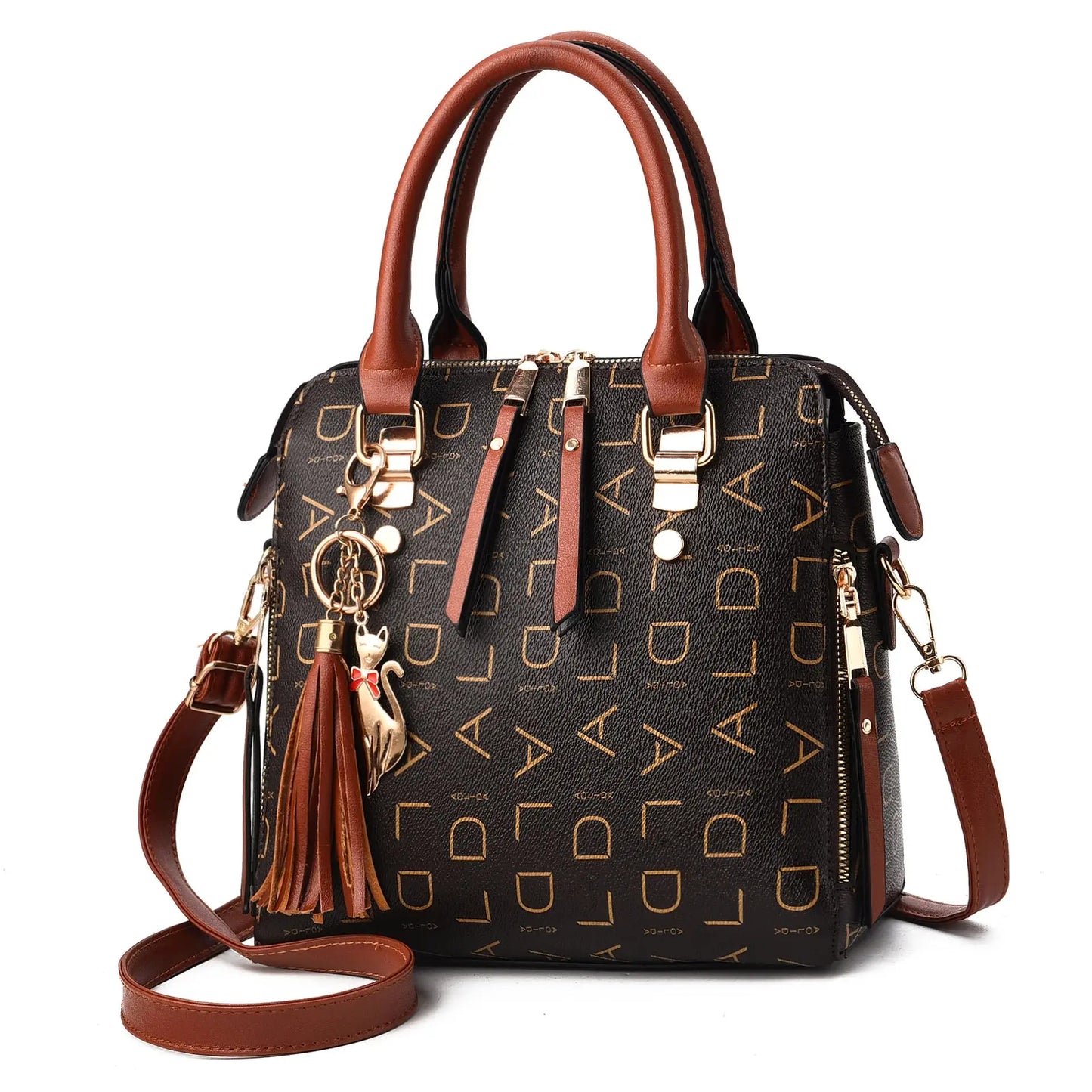 Elegant PU Leather Women’s Handbag – Designer Style with English Letter Emboss, Tassel Accent & Large Shoulder Carry NNOS