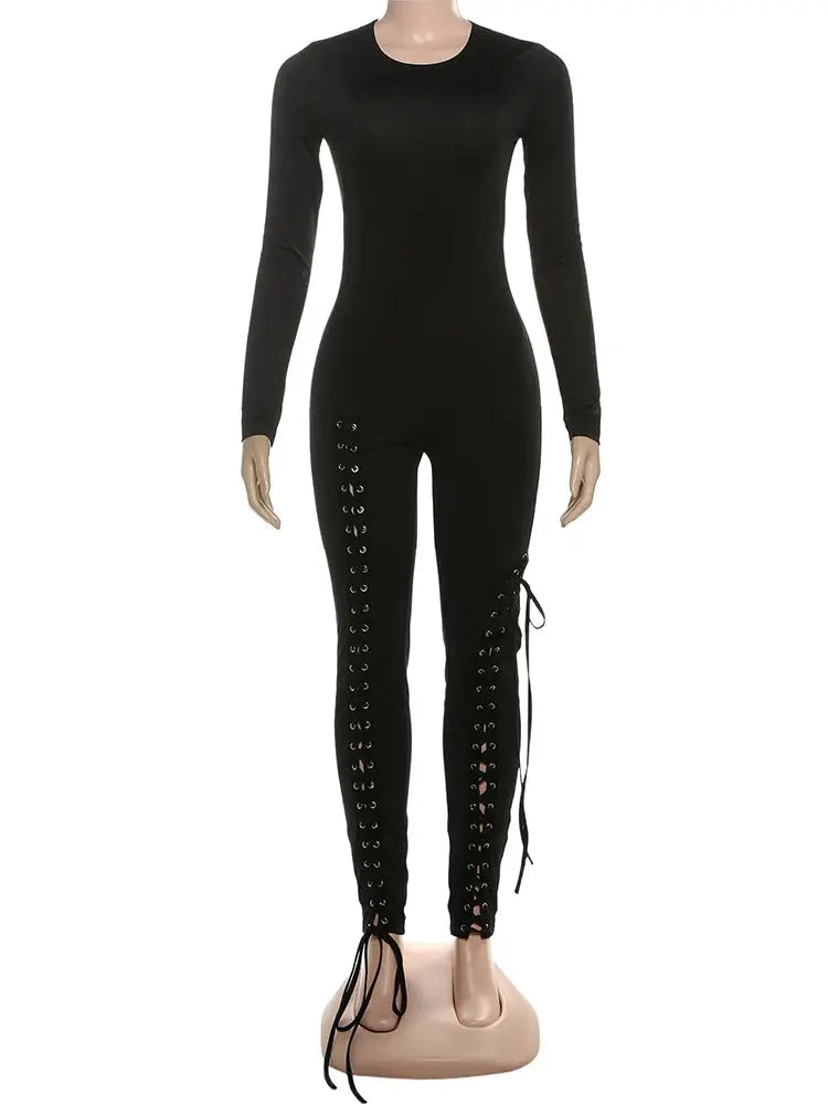 Sexy Fall Jumpsuits for Women DIY Shirring O-Neck Full Sleeve Stretch Polyester Slim Fit Ankle-Length Party Clubwear NNOS