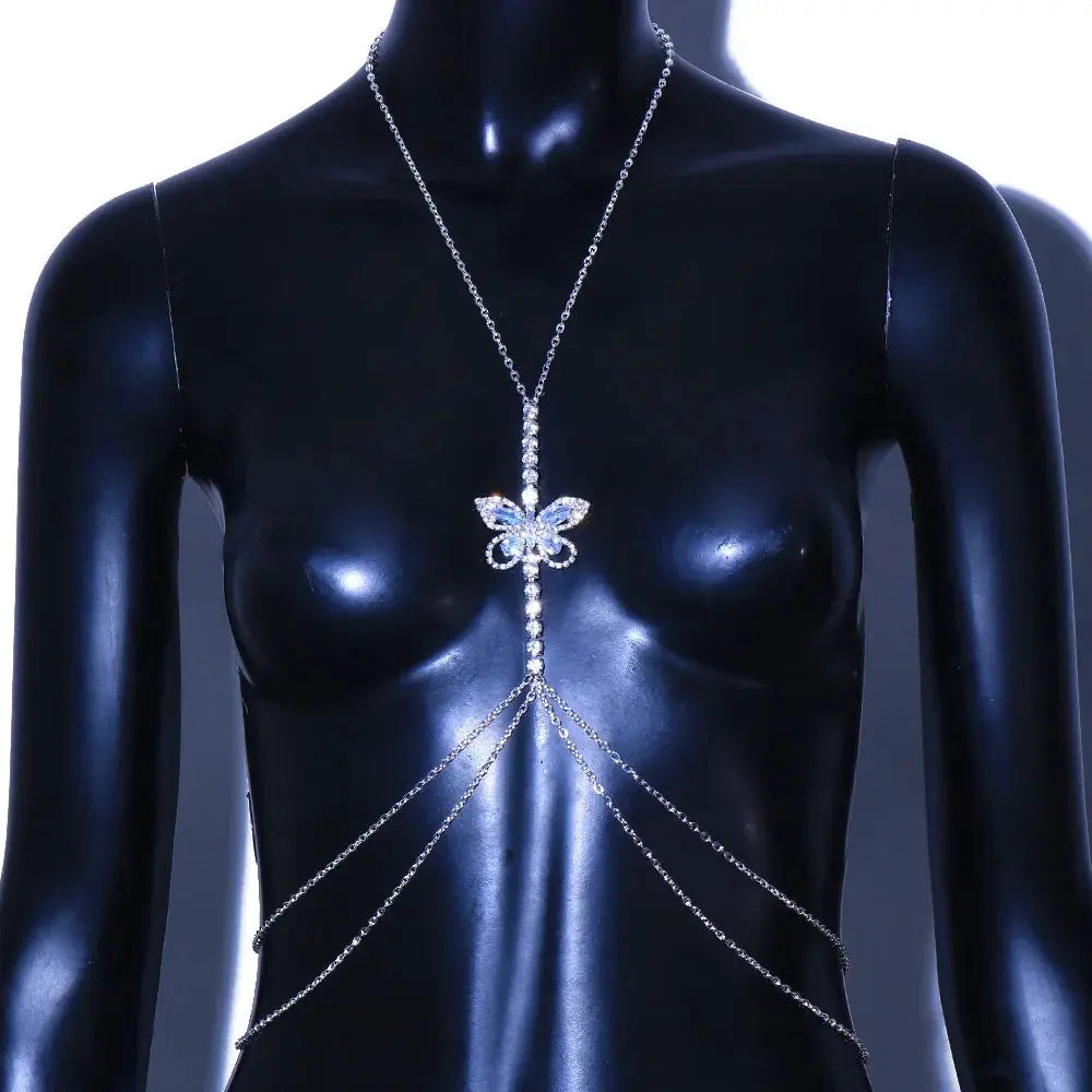 Stonefans Zircon Butterfly Chest Chain Rave Jewelry Festival Crystal Outfit Beach Summer Sexy Bra Chain Necklace Women Clothing NNOS