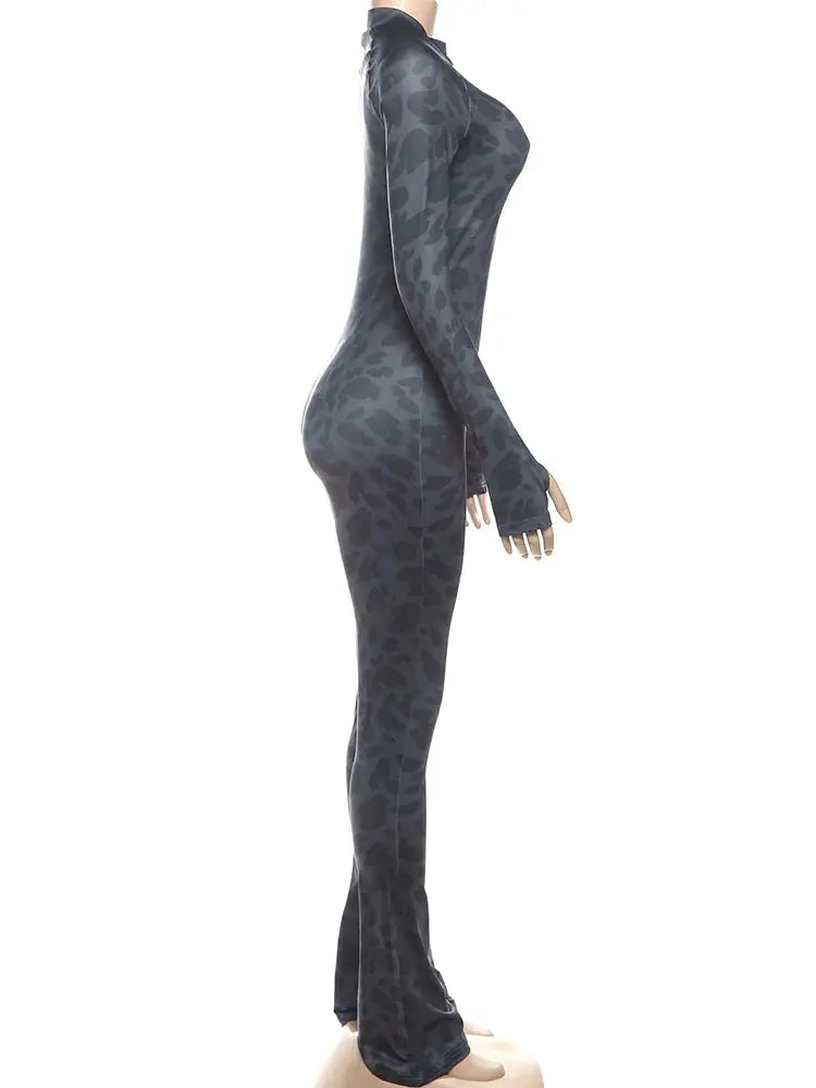 Women's Sexy Fashion Leopard Print Jumpsuit with Zip Cardigan Design Full Sleeve Slim Fit High Waist Ankle-Length Overalls NNOS