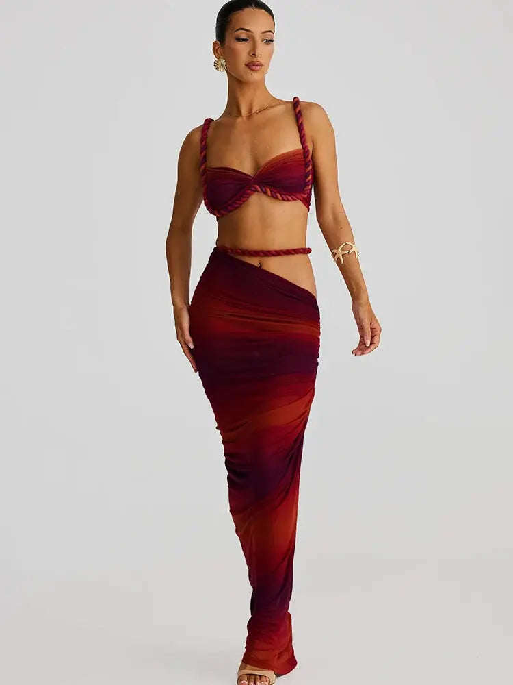 CuteNew Women’s 2-Piece Set – Pleated Crop Cami & Shirred High-Waist Maxi Skirt NNOS