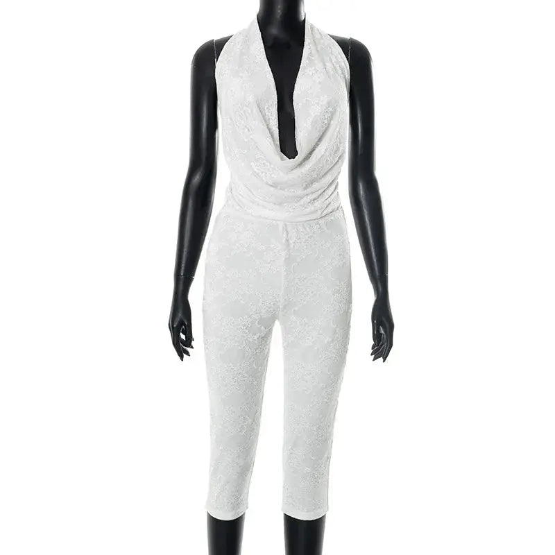 Joskaa 2025 Summer Lace Swing Collar Capri Pants Jumpsuits Women Sexy Halter Backless Bandage Skinny Rompers Midnight Clubwear NNOS