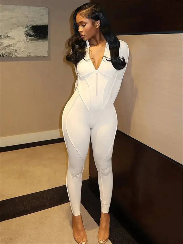 Women's Casual Sporty Zip Low-Neck Backless Jumpsuit Full Sleeve Skinny Peach High Street Style Solid Overalls Middle Age Size NNOS