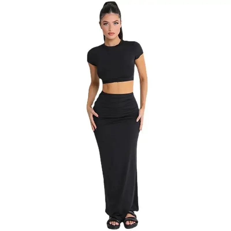 Women's High Waist Crop Top Tirt ort Sve Ethnic Sle  Color Spring Faion Set Tee Pieces Ensemble NNOS
