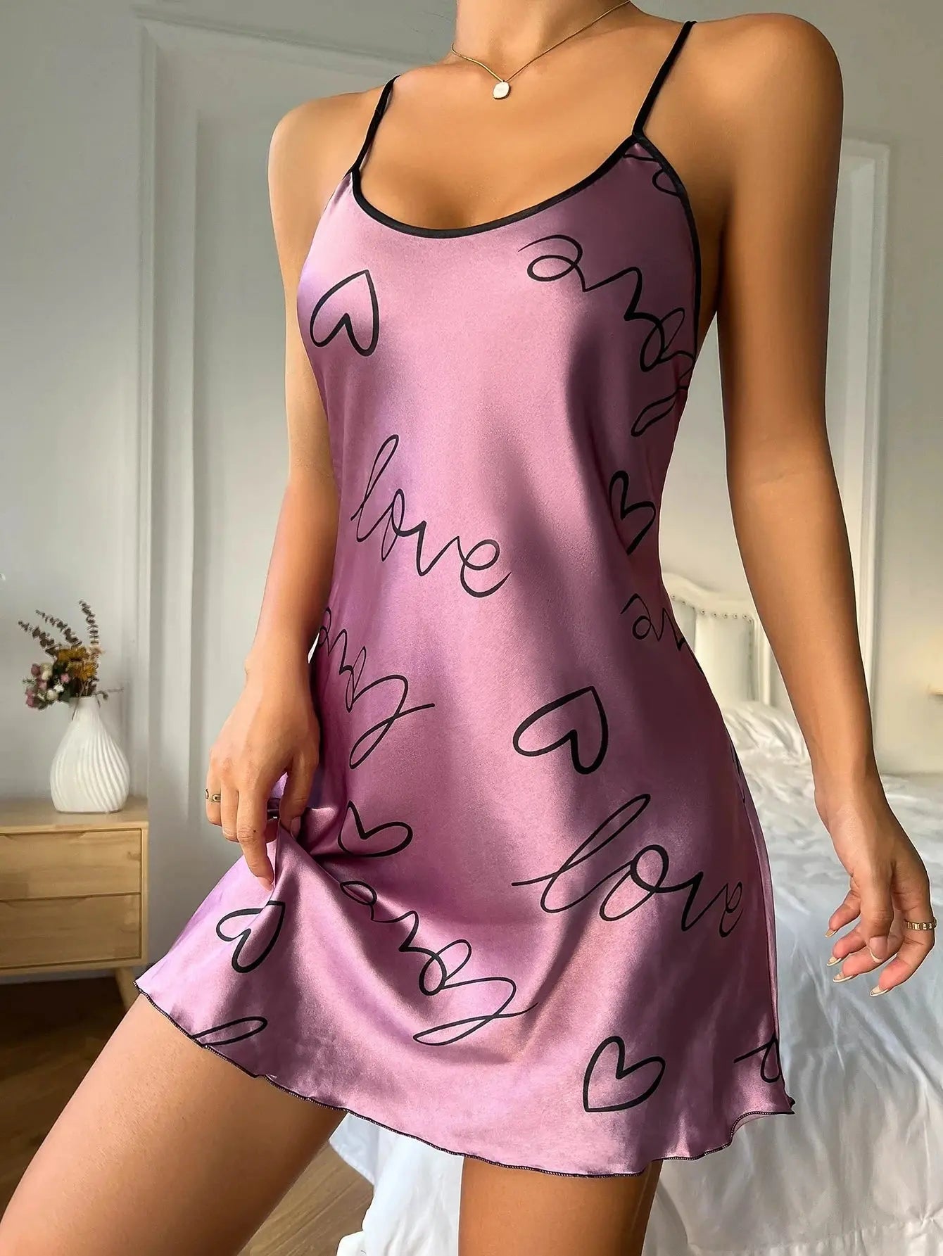 Heart Letter Print Nightdress Casual Round Neck Spaghetti Strap Sleep Dress Women's Sleepwear Dresses NNOS