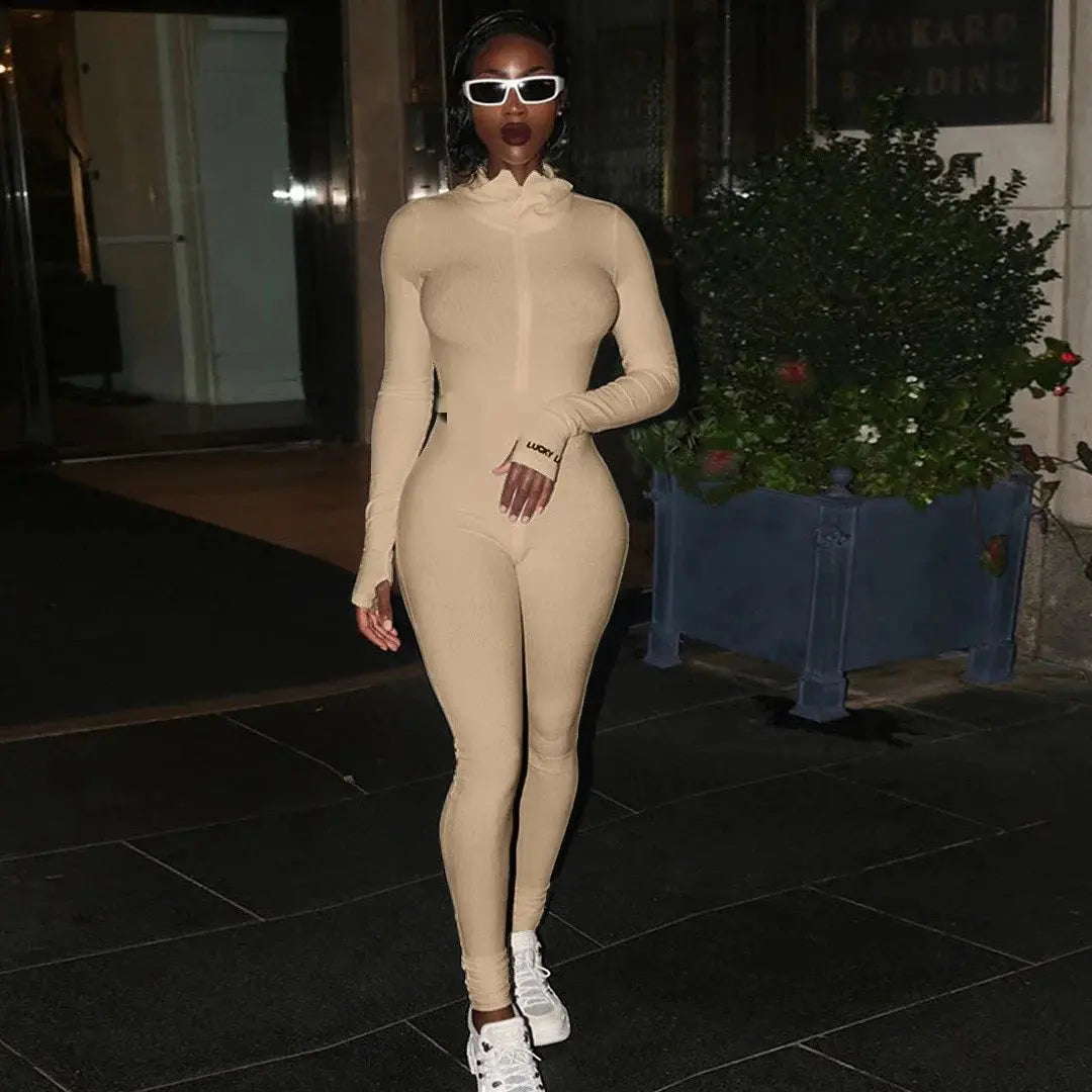 Women's Ribbed Rompers Long Sleeve Fitness Jumpsuit Embroidery Lucky Label Letter Zipper Streetwear Active Wear for Workout NNOS