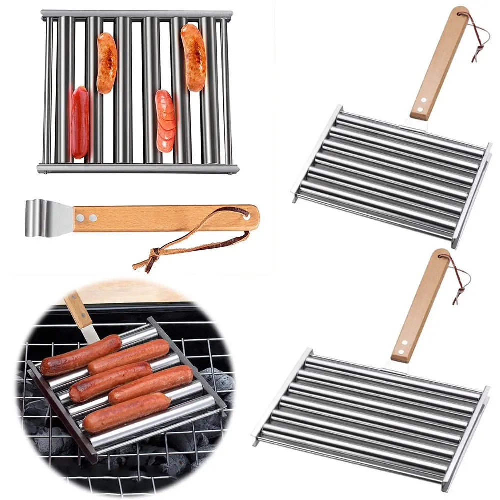 Hot Dog Roller Sausage Roller Rack Stainless Steel Hot Dog Grill Roller with Wooden Handle BBQ Hotdog Roller Grill Accessories NNOS