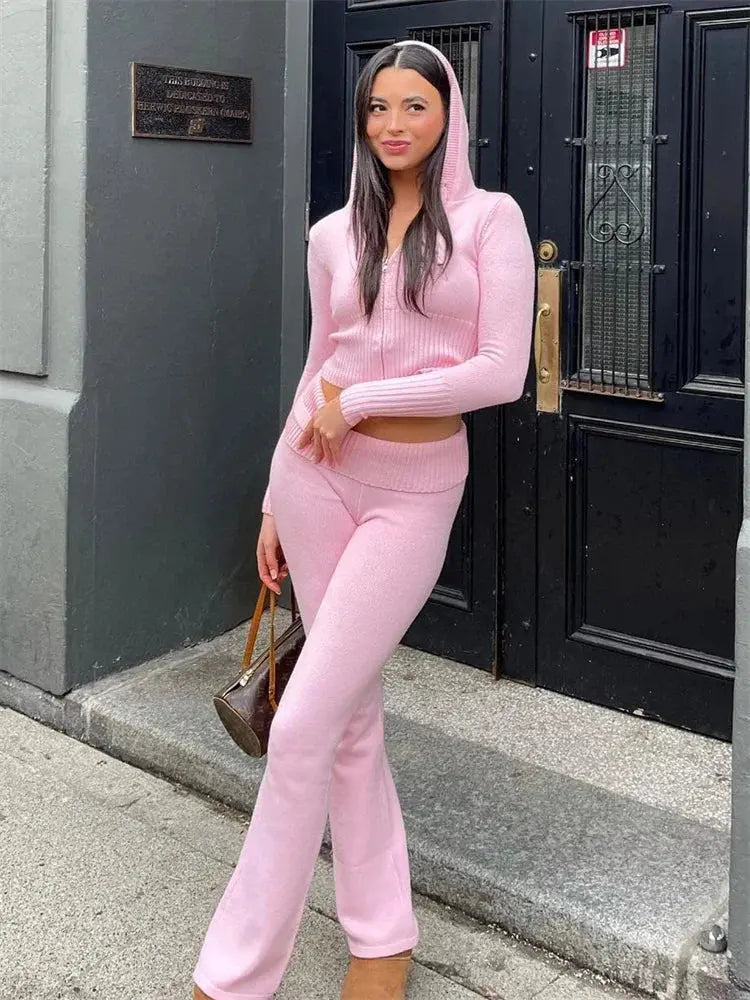 Casual Zipper Sweater Hoodie Set for Women High Waist Flare Pants Pink Knitted Y2k Two Piece Outfit Short Length Eye Catching NNOS