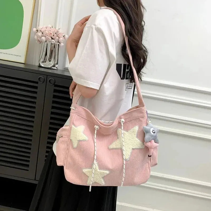 Trendy Corduroy Tote Bag for Women – Niche Star Design, Large-Capacity Shoulder & Crossbody Bag for Students & Stylish Commuters NNOS